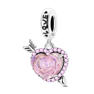 MULA 925 silver-plated arrow-shaped rosette charm with resin and pink cubic zirconia - for Pandora bracelets and necklaces, gifts for women and girls