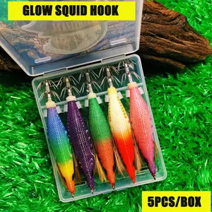 5-Piece Glow in the Dark Shrimp Set, Sea Fishing Squid Hooks in 5 Colors, Fishing Bait and Tackle Accessories for Night Fishing