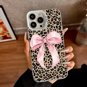 Chic Case suitable for iPhone11/12/13/14/15/16/17 pro promax plus,  Case Pink bow, leopard print Soft TPU Shockproof Protective CASE