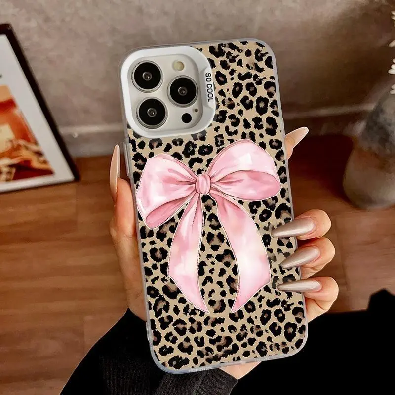 Chic Case suitable for iPhone11/12/13/14/15/16/17 pro promax plus,  Case Pink bow, leopard print Soft TPU Shockproof Protective CASE