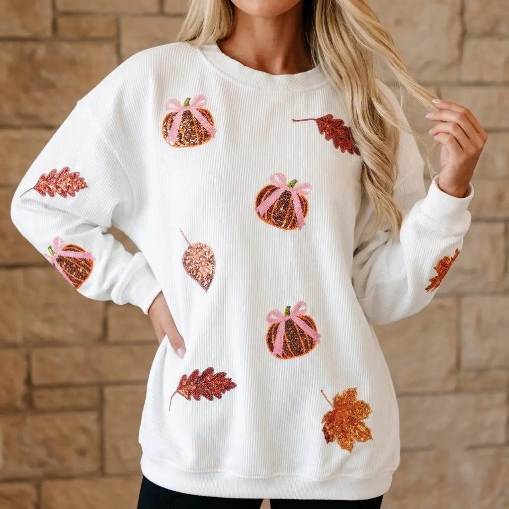 PHEFEE Women's Sparkly Sequin Knit Sweater - Oversized Coquette Bow, Pumpkin Maple Leaf Graphic, Longsleeves Round Neck, Breathable Casual Fall Autumn Tops (White, with Matching Bag), Crew Neck