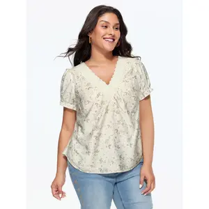 BLOOMCHIC Women's Plus Size Floral Print Lace Neckline Short Sleeve Blouse - Lady's Polyester-Nylon Smooth Garment, Casual Flattering Fit Tops [M-6X] 2026 Summer Vibes Deals