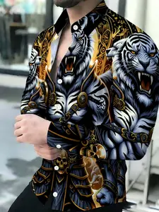 Men's Breathable Collared Long Sleeve White Tiger Warrior Print Casual Classy Fashion Shirt