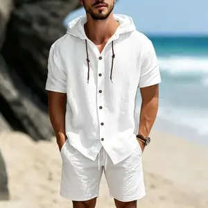 Men’s fashion linen two-piece set with hood, casual vacation style, loose breathable fabric, short-sleeve hooded top and wide-leg shorts, spring/summer outfit,summervibes