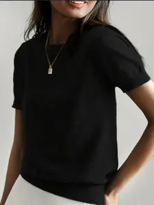 Women's Solid Color Round Neck Knitted Pullover Sweater Short Sleeve Casual Loose-Fitting Medium Length Top Without Zipper