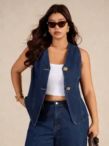 KCGH Plus Size Denim Jacket For Women Fashion Casual Jean Coat Vintage French Style Gold Button Daily Party Wear