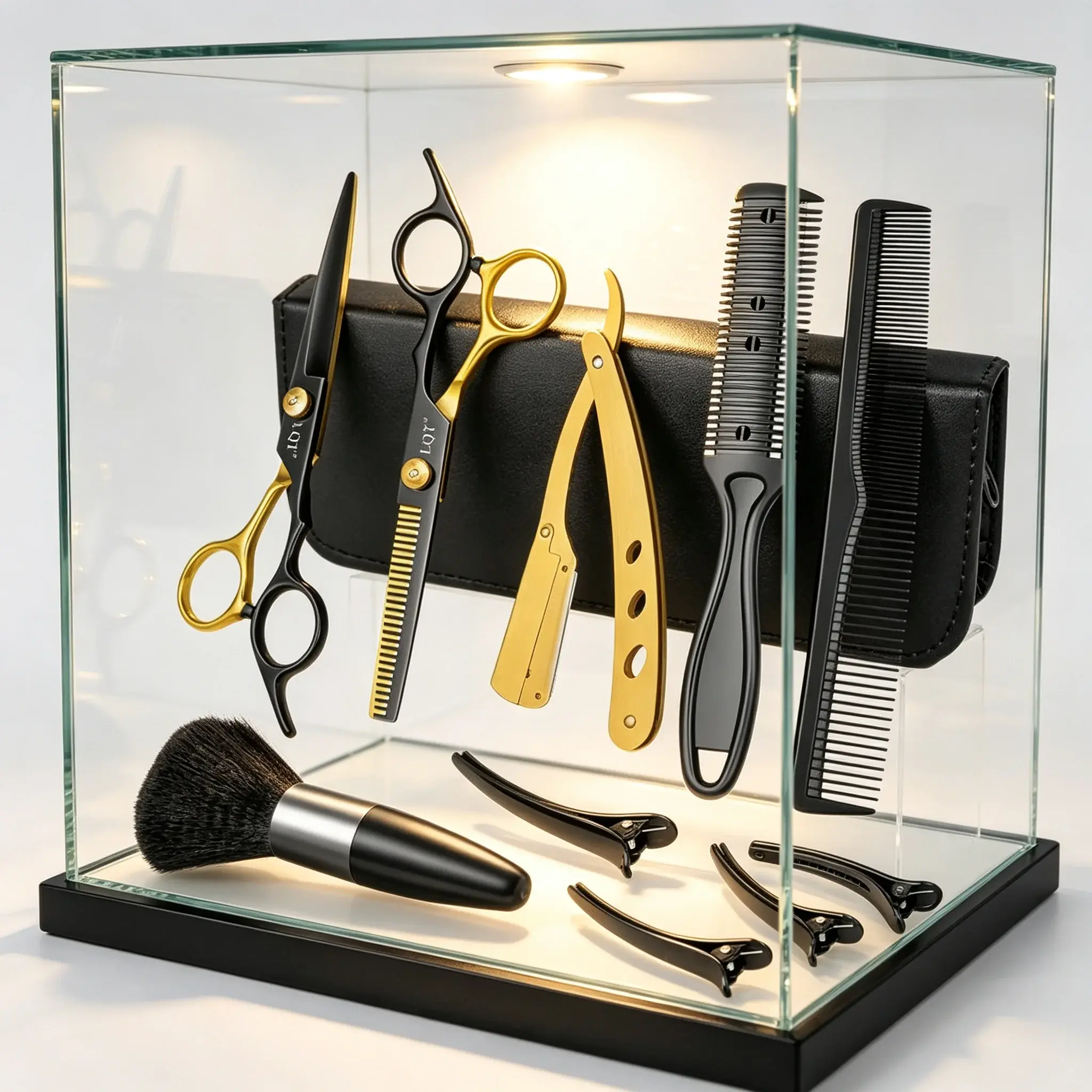 10-in-1 professional hair cutting set made of stainless steel, including scissors, comb, razor, fine-cutning shears, hair clips, neck brush, and storage bag—an ideal DIY styling tool for home salons.Hairdresser Tool Set – Hair Salon Supplies