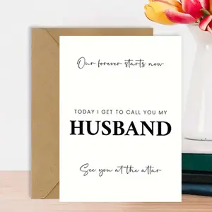 1 Piece "Our Forever Starts Now" Groom Wedding Card, Greeting card – Blends script & bold "HUSBAND" lettering, "See you at the altar" message. Sturdy paper, fits standard envelopes, perfect for bride-to-groom wedding-day sentiment. Ready-to-use