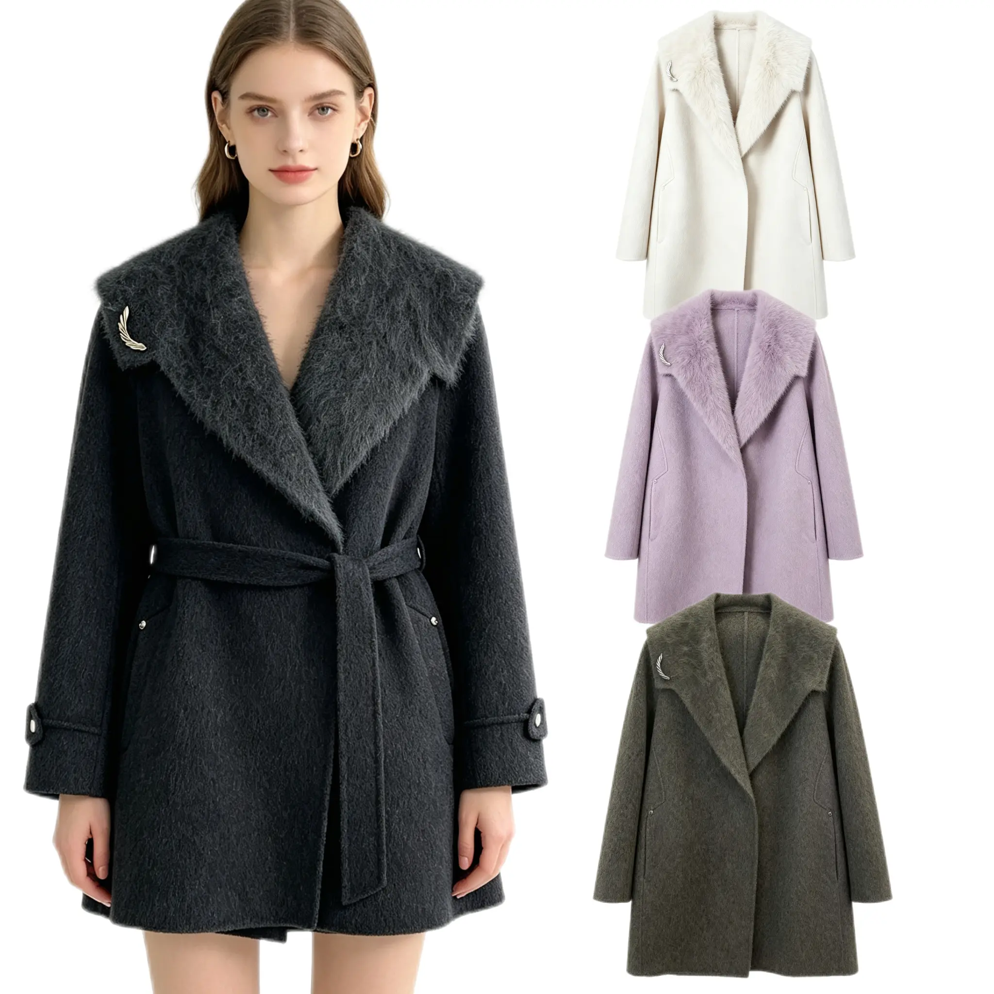Women’s Relaxed Short Wool Coat, Large Faux Fur Sailor Collar, Adjustable Back Belt Casual Winter Outerwear