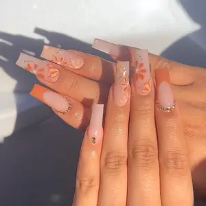Flower Pattern Fake Nails with Nail File & Tape, 24pcs/set Long Square Press on Nails for Women & Girls DIY Nail Art, Elegant Bling Rhinestone Stick on Nails Kit, Floral Embellished Rhinestone, Nail Rhinestones