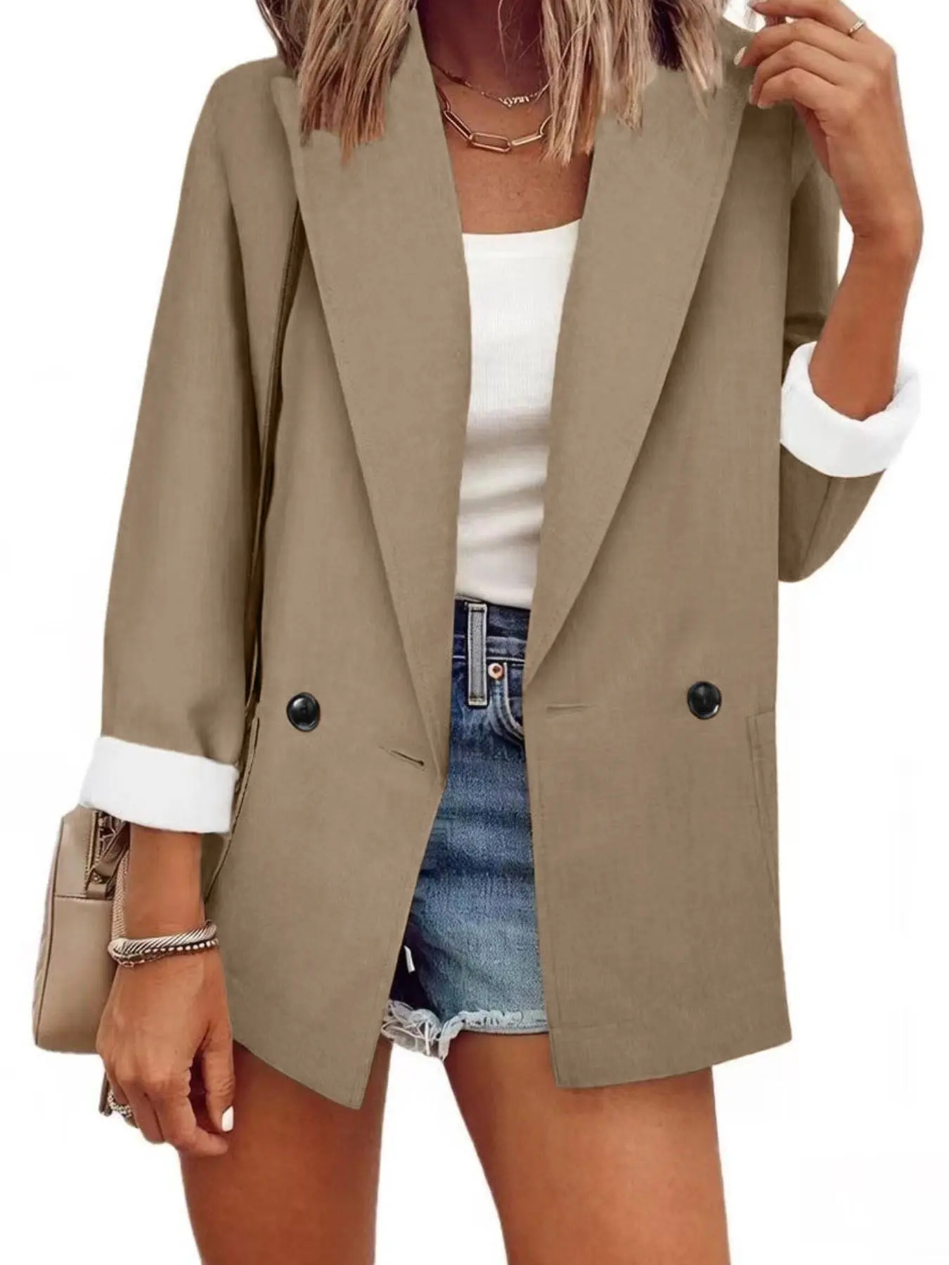 Solid Color Small Fashion Blazer Single Piece Long Sleeve, Spring and Autumn Suit Jacket, Stylish, Chic, Elegant, Fitted, Slim and Versatile Outerwear for Men and Women, Womenswear, Lady, Work Office Clothes