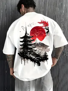 Men's Japanese Cultural Aesthetic Oversized T-Shirt, Sun Fuji Pagoda Back Print, Samurai Helmet Chest Graphic, Casual Loose Fit, Y2K Urban Streetwear Style