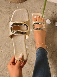 Women's Luxury Metal Buckle Square Toe Sandals, Soft Sole Versatile Outdoor Beach Shoes, Comfortable Flat One-Piece Slippers, Vacation Casual Women's Shoes