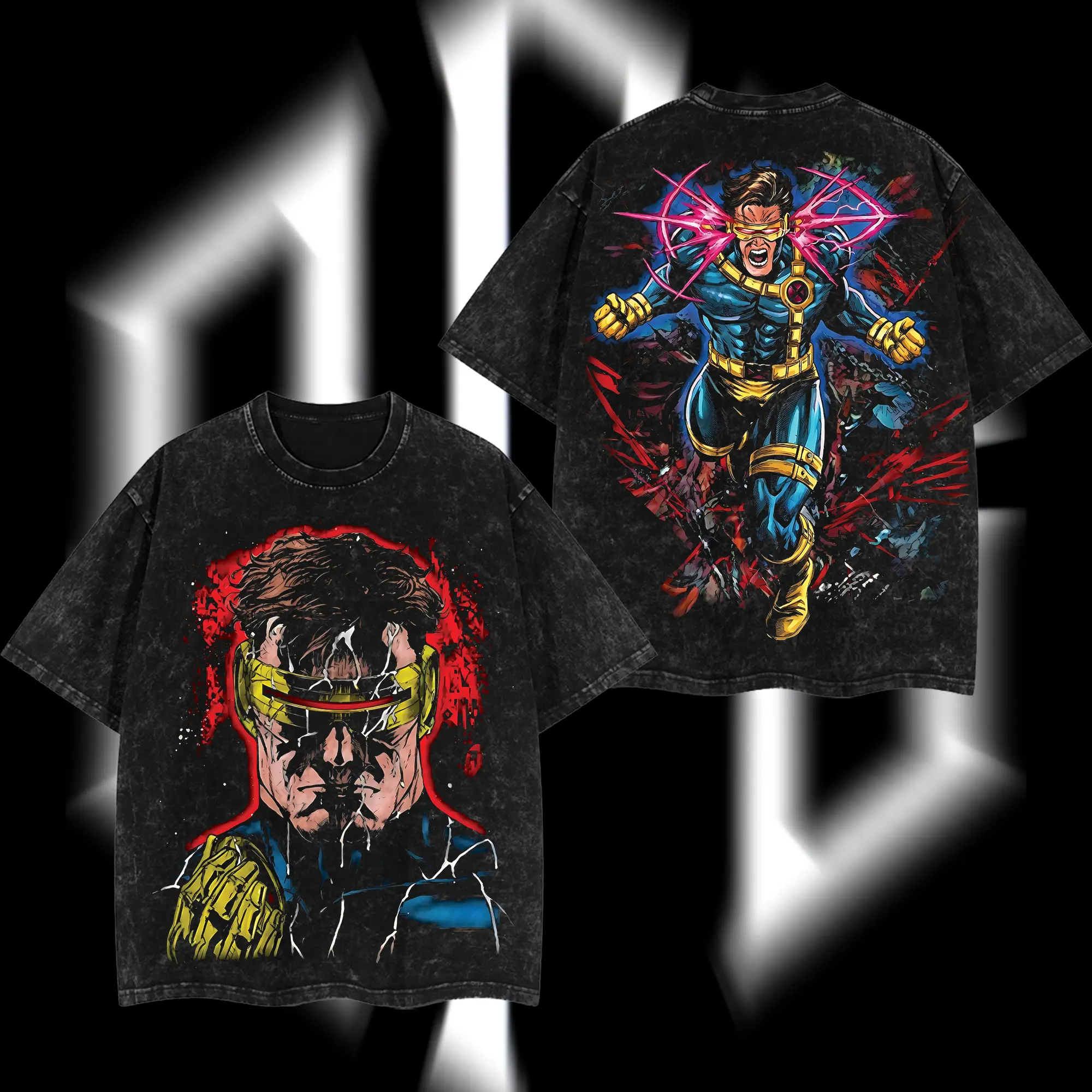 SuperStyle Men's Cyclops Scott Summers X-Force MCU Comic Edition Oversize Lightweight Acid-Washed Cotton Apparel - Double-Printed Classic Seamless Shortsleeve Graphic Top, Streetwear Superhero Themed Fabric