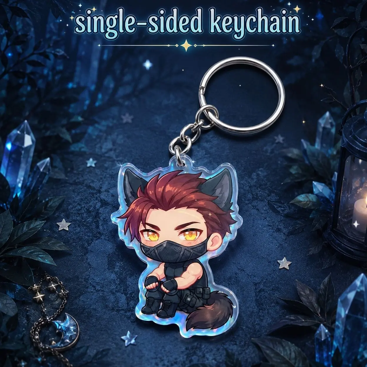 Chibi Wolf Boy Acrylic Keychain, Masked Tactical Anime Bag Charm, Single-Sided Holographic Key Ring Gift
