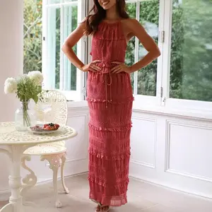 Women Summer Outfit Shirred Tie-up Halter Neck Sleeveless Open Black Tank Tops Drawstring Long Skirt 2 Pcs Set