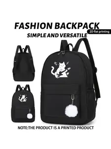 Cute Cat Rock Guitar Print Backpack, Lightweight Nylon, Adjustable Straps, Zip Closure, Ideal for School, Travel, Commuting, Perfect Gift