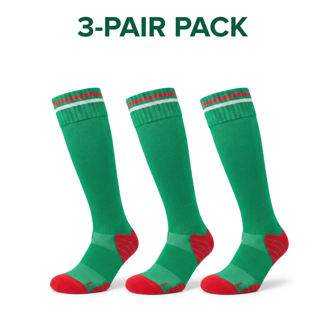 JUPICHUBI Men's 3-Pair Green Tube Knee-High Sports Socks, Color Block Spandex Blend, Thick Towel Sole, Energy Grip Anti-Slip, Breathable Mesh Seamless Toe, Machine Washable for Soccer Focus Training, Unisex Wear