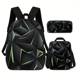 3pcs Mixed Colors Geometric Backpack Set, Pragmatic Bag Set with 17 Inch Lightweight Casual Bookpack & Insulated Lunch Bag & Multi-Functional Pencil Bag for School Work Commute Travel Picnic Hiking