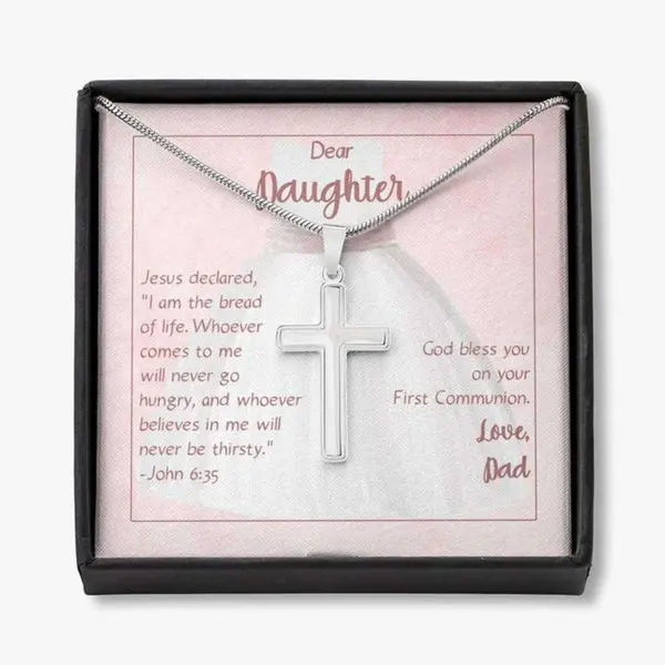 Daughter's Casual Stainless Steel Cross Necklace with Snake Chain, Lobster Clasp - 1.3" (33.5mm) Artificial Gemstone Pendant, 0.8" (19mm) Size, Dad Gifter Gift for Adults with Box (First Communion, Anniversary)
