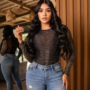Women's Colombian 1-Size Marfil Bodysuit - Elegant Long-Sleeve Mesh Top with Rhinestone Accents, Universal Fit, Soft Breathable Fabric, Basic Silhouette
