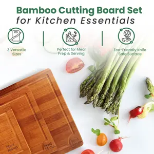 3-Piece Bamboo Cutting Board Set – Reversible Wooden Chopping Boards with Non-Slip Feet & Deep Juice Groove – Kitchen Essentials for Meat, Vegetables, Fruits & Cheese