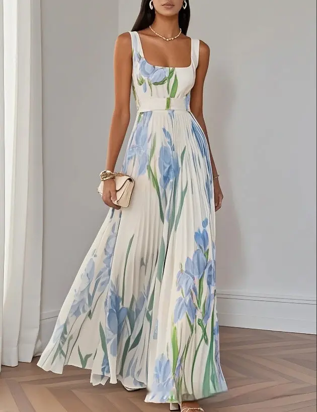 Floral Print Pleated Dress Summer A-Line Sleeveless Midi Dresses Women's  Clothing - TikTok Shop