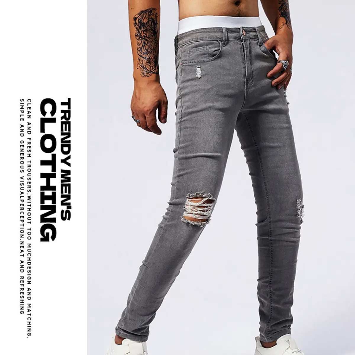 Fashion ripped jeans for men — slim fit tapered long pants with distressed finish