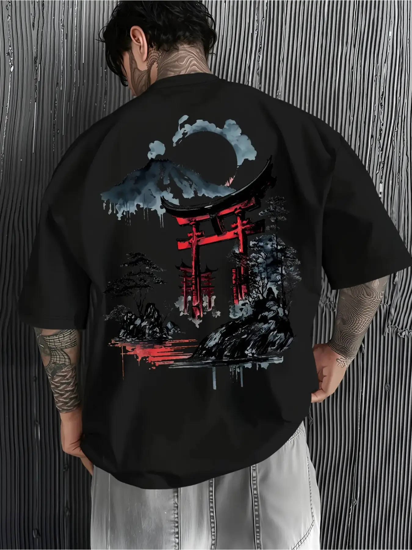 Men's Japanese T-Shirt, Ukiyo-e Tokyo Torii and Mount Fuji Print, Short Sleeve Tee with Red Torii Gate Cherry Blossoms and Pagoda Design, Loose Fit Round Neck,, White