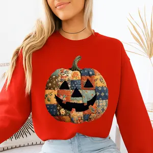Retro Patchwork Halloween Pumpkin Sweatshirt, Colorful Quilted Pullover for Women, Spooky Season Crewneck, Fall Gift Sweater
