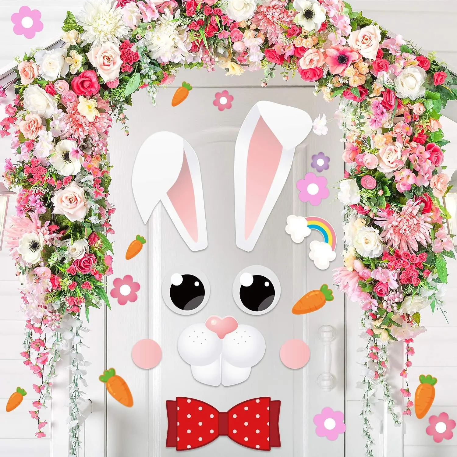 40 PCS Happy Easter Door Stickers Decor - Bunny, Easter, Flowers - Pink, Cartoon Style - Waterproof - Indoor Use - Door, Window, Refrigerator Decor