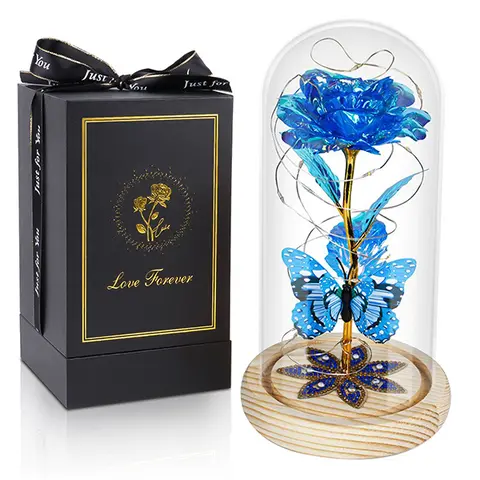 DEEMEI Decorative Faux Flower Eternal Rose with Glass Cover Dome, LED Light & Butterfly - Light Up Your Space Home Decor, Artificial Bouquet Party Gifts for Birthday Recipients