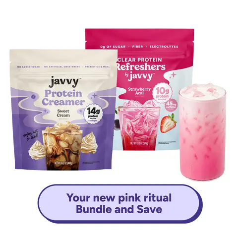 Javvy Rose Cream Protein Drink Bundle with Collagen - Strawberry Acai Refresher & Sweet Cream Collagen Protein Creamer – Pink Strawberry Sweet Cream Refresher with Clear Whey, Electrolytes & Collagen – Keto Friendly, No Added Sugar