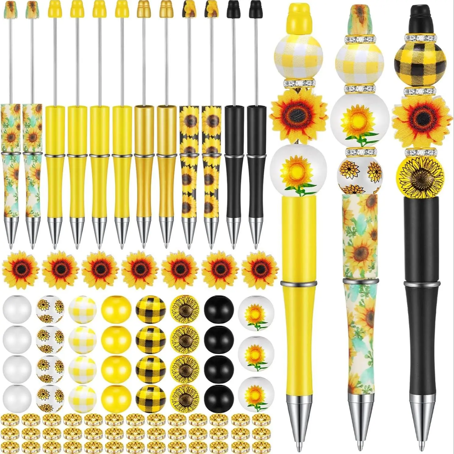 Sunflower Pattern Bead Pen Set, 89pcs/set Beaded Pens, Beading Pen & Bead Set, DIY Beading Pen & Bead Set for Craft Office School Gift Supplies, Aesthetic Pens, Cute Pen