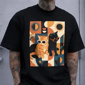 Cool Cats' Retro Geometric Print T-shirt Boho Cat Lover Style Casual Top