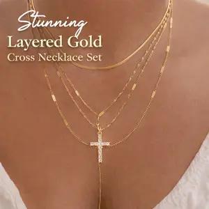 Stunning Layered Gold Cross Necklace Set – Sparkling Crystal-Embellished Cross Design with Delicate Gold Chains – Perfect for Layering, Everyday Elegance, and Special Occasions – Ideal Gift for Loved Ones