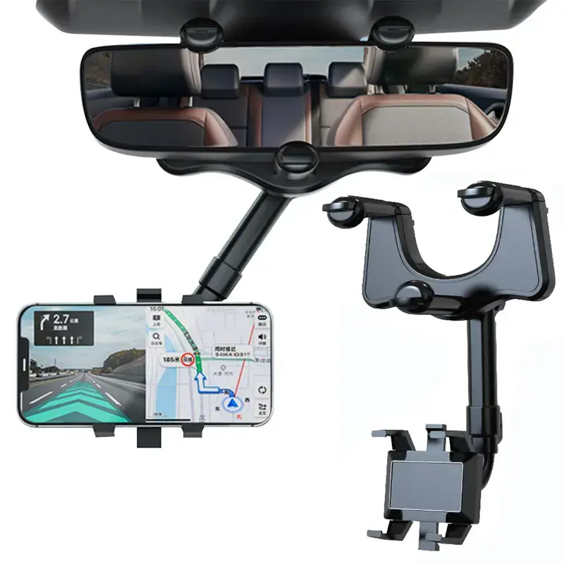 Rearview Mirror Phone Mount, 360° Rotatable Universal Car Rear View Mirror Cell Phone Holder, Retractable Adjustable Arm Clip-On Design, Stable Gravity Auto Phone Stand Fits All Smartphones for Navigation
