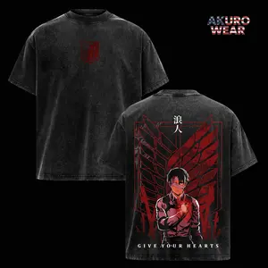 Levi Ackerman Attack on Titan T-Shirt – Scout Regiment Wings of Freedom Anime Graphic Tee, “Give Your Hearts” Design, Vintage Washed Oversized Shirt, Heavy Cotton Streetwear, Unisex Gift for AOT Fans