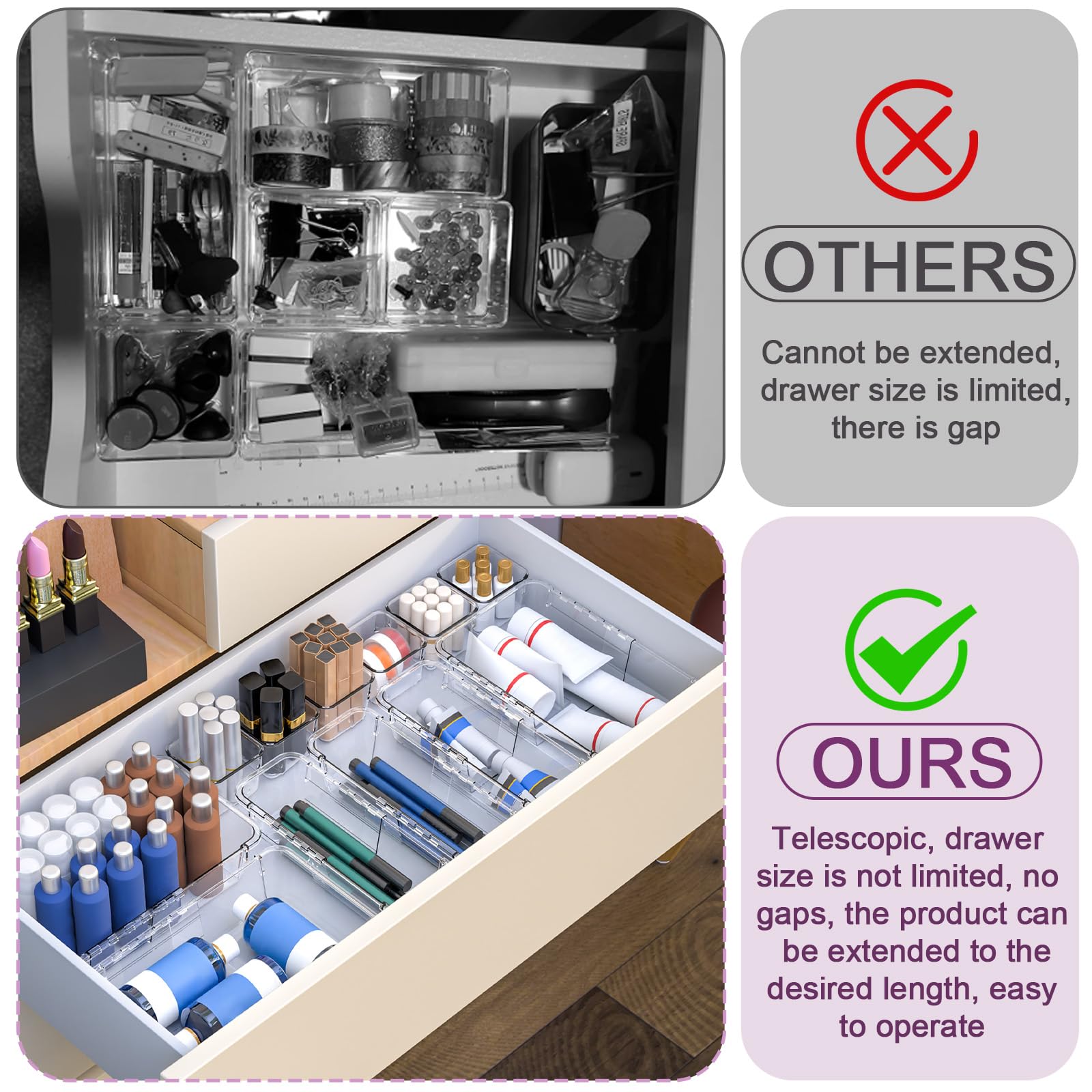 25 PCS Clear Drawer Organizer, Adjustable Drawer Storage Box, 3-Size Desk Drawer Organizer, Storage Bins for Makeup, Cosmetic, Kitchen Utensils, Bedroom Dressers Tool Organizer for Gadgets