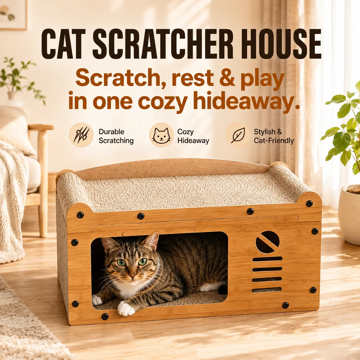 3-in-1 Eco-Friendly Cardboard Cat Scratcher House - Cozy Hideaway, Lounge Bed, Durable Corrugated Scratching Pad, Indoor Cave with Teaser Balls for Resting, Playing