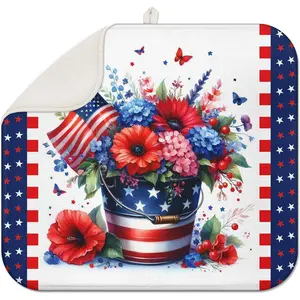 4th of July Dish Drying Mat for Kitchen Counter Independence Day 16''x18'' Microfiber Small Red Kitchen Draining Mat for Countertops Memorial Day Dish Drainer Drying Pad