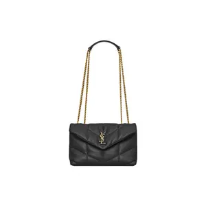 Saint Laurent YSL Puffer Mini Bag with Antique Bronze Hardware and Double Leather Trim Chain Strap, Black Lambskin, for Women, Crossbody and Shoulder Bag