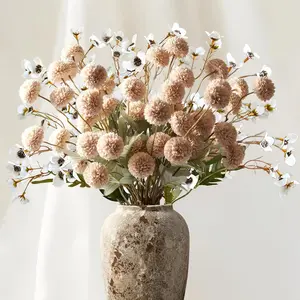 10Pcs Faux Kiku Flowers, Fake Pom Pom Mini Chrysanthemum Flowers+ Artificial Wild Flowers Floral Bouquet for Wedding Table Centerpiece Home, Beige
