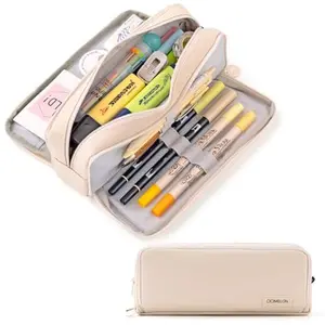 CICIMELON Large Capacity Pencil Case 3 Compartment Pouch Pen Bag for School Teen Girl Boy Men Women (Beige)
