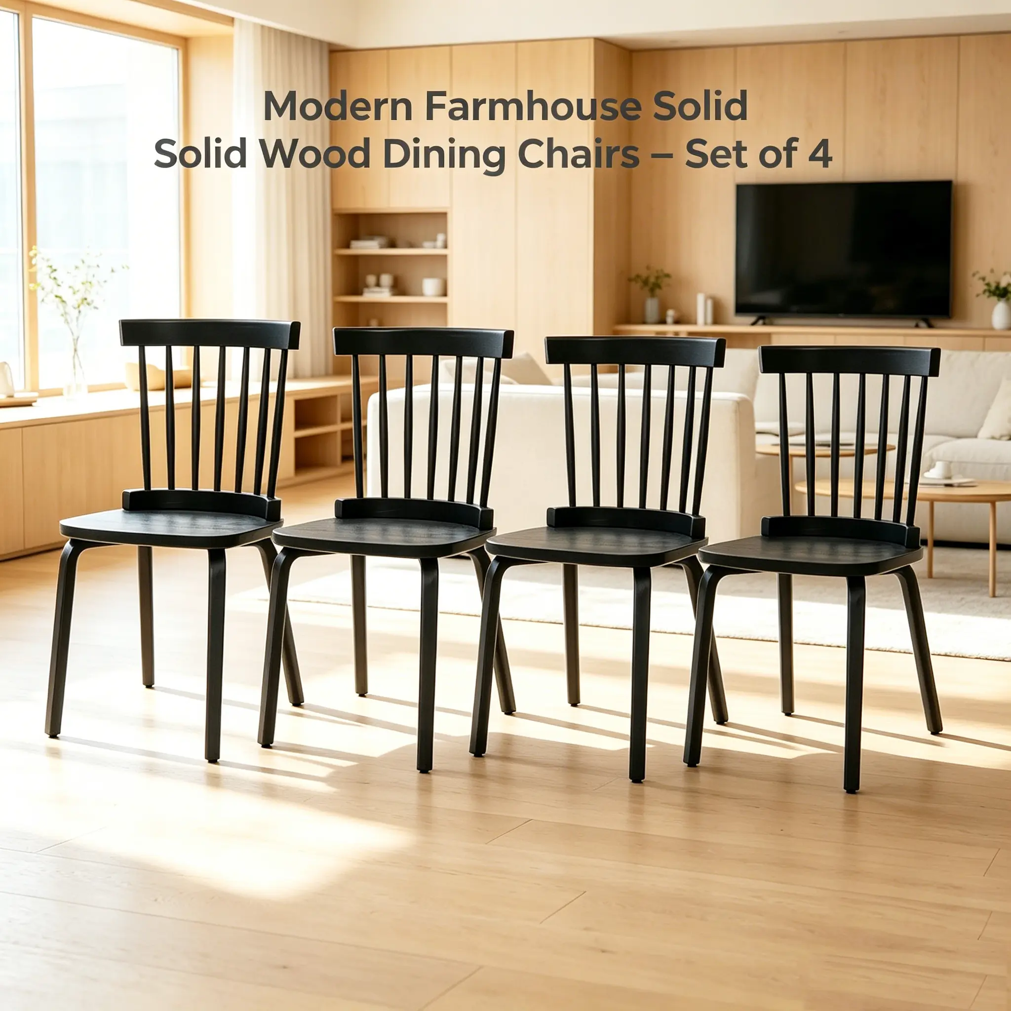 Windsor Chairs Set of 4, Solid Wood Indoor Furniture Chair Combo with Spindle Back & Widen Seat, Mid-Century French Country Farmhouse Style, 260 lbs Capacity for Kitchen & Living Room, Black, Indoor Furniture Chairs