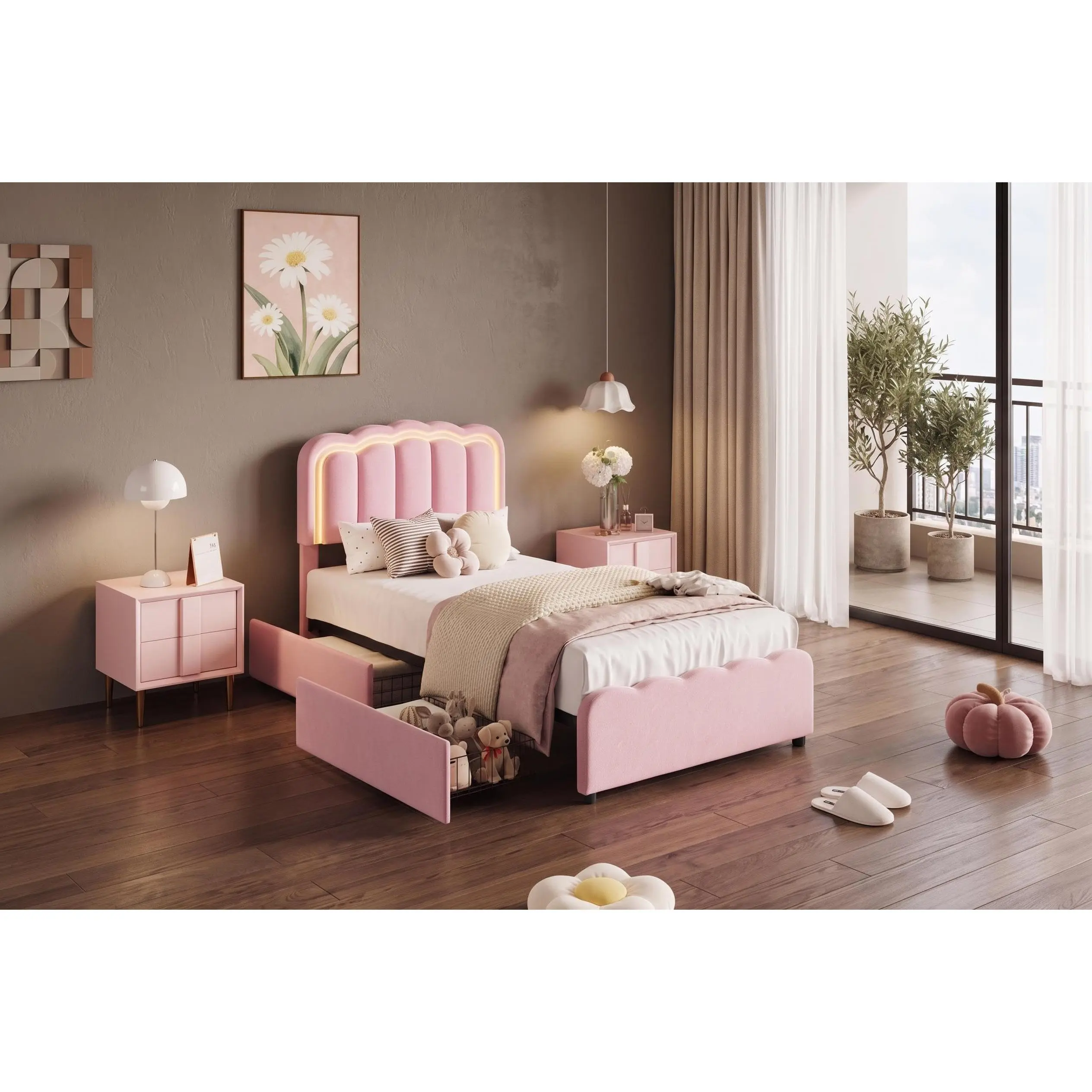 Garvee Twin Size Bed Frame, Twin Size Upholstered Platform Bed Frame, Twin Bed Frame with LED Lights, Adjustable Headboard, 2 Storage Drawers, No Box Spring Needed, Easy Assembly, Pink
