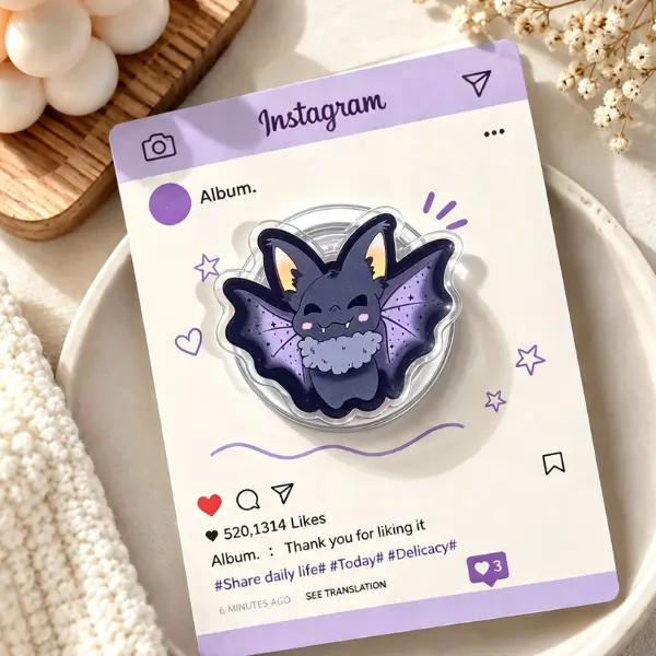 Cosmic Purple Bat MagSafe Phone Grip, Cute Spooky-Cute Little Bat with Starry Wings PopSocket, Aesthetic Gothic Animal Accessory