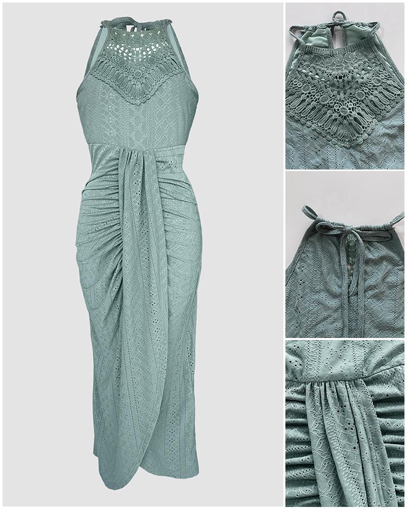 ChicMe Women's St. Patrick's Day Halter Hollow-out A Line Sleeveless Front Slit Ruched Maxi Wedding Guest Dress Vacation Dress ChicMe Women's St. Patrick's Day Halter Hollow-out A Line Sleeveless Front Slit Ruched Maxi Wedding Guest Dress Vacation Dress