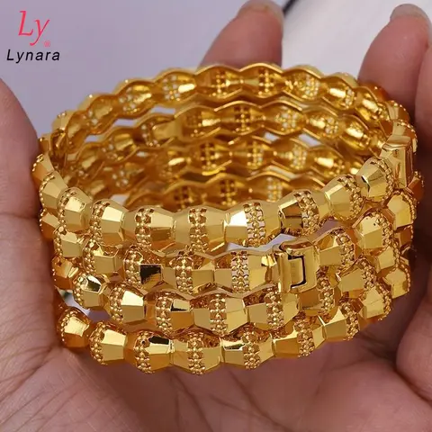 Women's 4-Piece Gold-Plated Openable Hollow Bracelets - Ethnic Minimal Flower-Carved Art, 2-Piece Styling, 15g, 6.3cm, Dubai Arab Wedding-Ready Jewelry, Daily Accessory, Valentine's Day Gift, Bracelets for Women