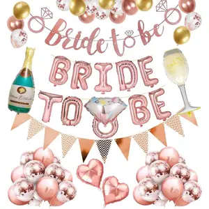 47-piece Bride-to-be Wedding Engagement Celebration Balloons and Decoration with Diamond Ring and Champagne Class Glass Set Backdrop Banner